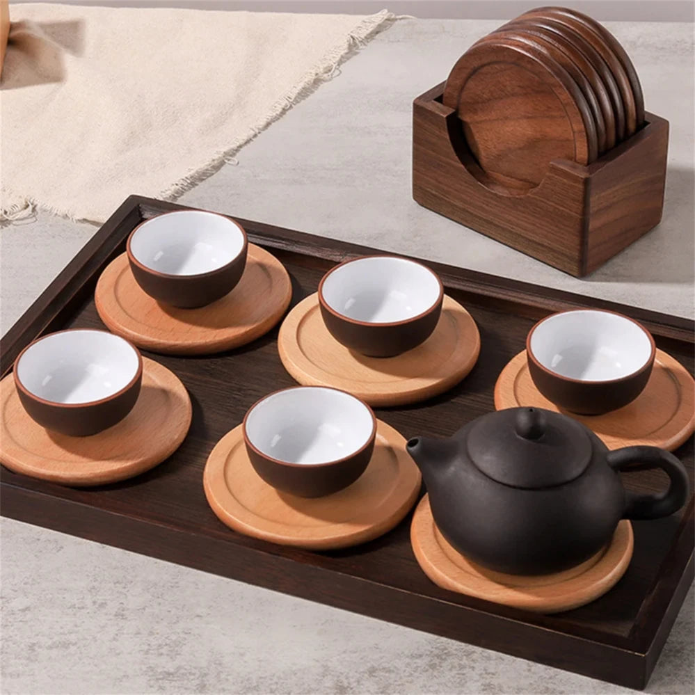 Deskspur Ringed Walnut Coaster Set with Holder — Deskspur Modern Desks & Workspace Accessories — view 4