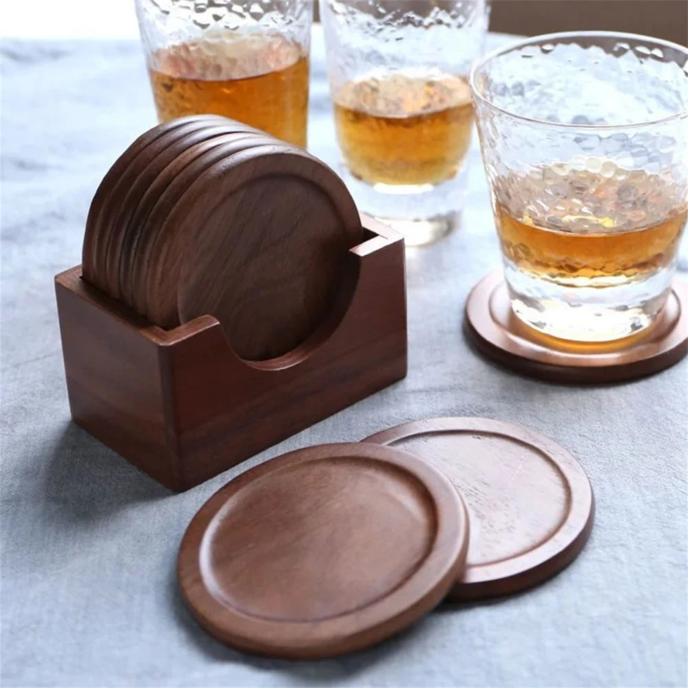 Deskspur Ringed Walnut Coaster Set with Holder — Deskspur Modern Desks & Workspace Accessories — view 2