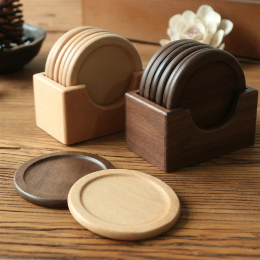 Deskspur Ringed Walnut Coaster Set with Holder — Deskspur Modern Desks & Workspace Accessories